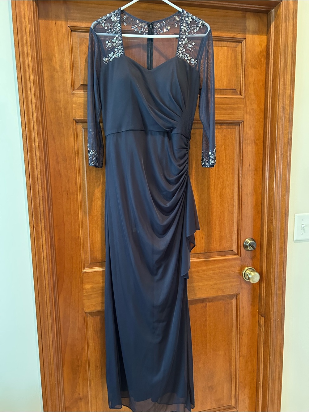 Elegant Charcoal Gray Evening Gown with Embellished Mesh Sleeves